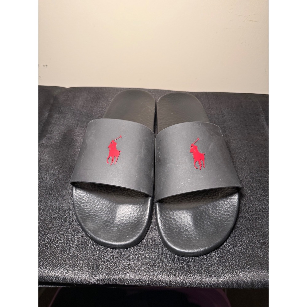 Polo Ralph Lauren Cayson Slides‎ Mens Black Red Pony Logo Sandals